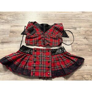 Vtg Foreplay Red Plaid Skirt & Top Set  Black Lace Cross Accents M/L Punk grunge